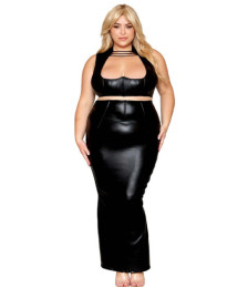 Ensemble Soutien-gorge et jupe longue, grande taille, noir en simili cuir - DG13198XBLK